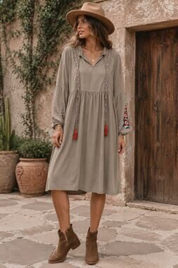 B. boutique Boho Rayon Embroidered Gray Red Blue Midi Babydoll Dress Rayon Med